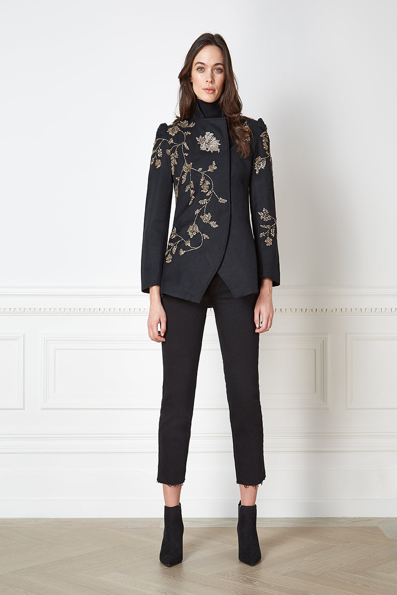 Nadya Shah Allegra Rose Jacket displayed on a hanger, featuring floral pattern and lightweight fabric for casual wear.