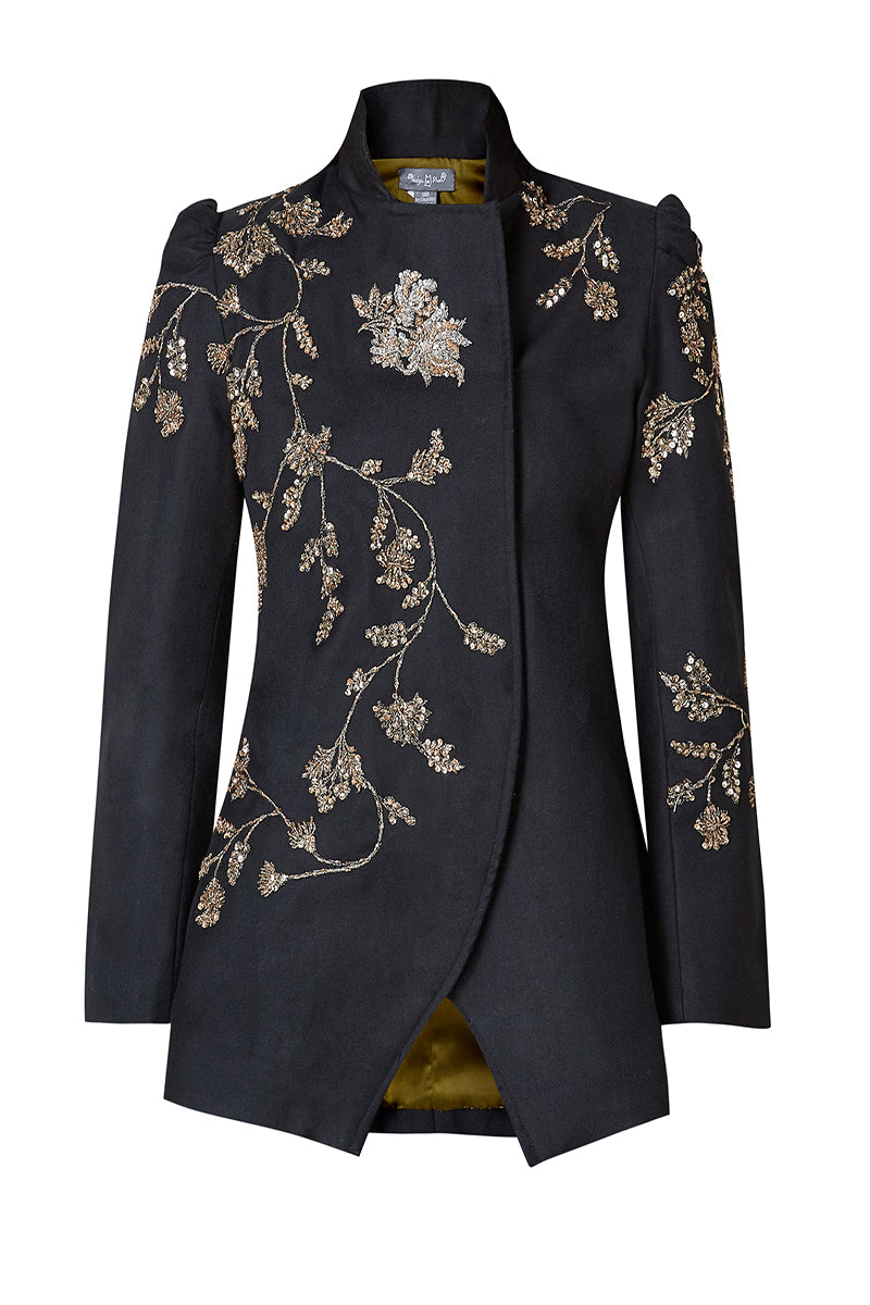 Nadya Shah Allegra Rose jacket displayed on a mannequin, front view showcasing floral design and stylish fit.