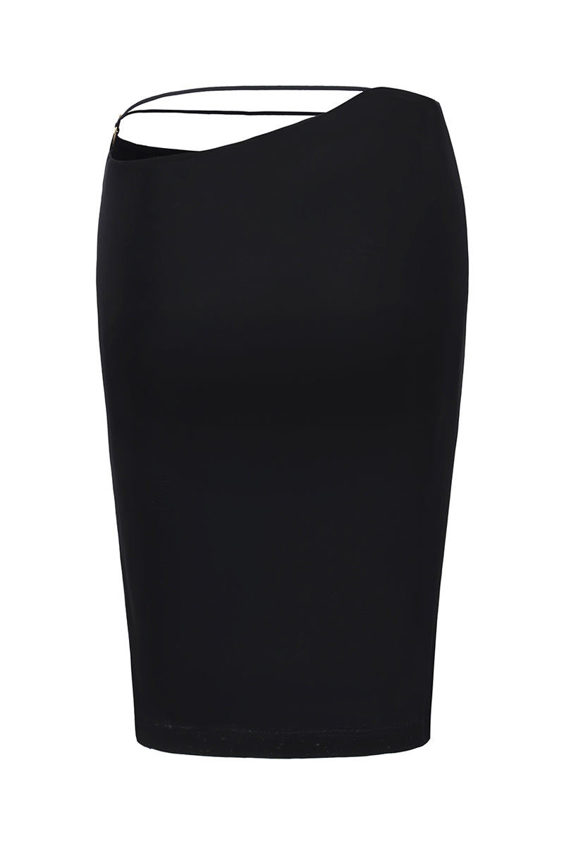 Black Nana Jacqueline Alma midi skirt with an asymmetric hem, shown from the back view. Elegant and stylish women's fashion.