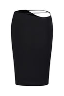 Black Alma asymmetric midi skirt by Nana Jacqueline, front view showing stylish, flowy design and elegant length.