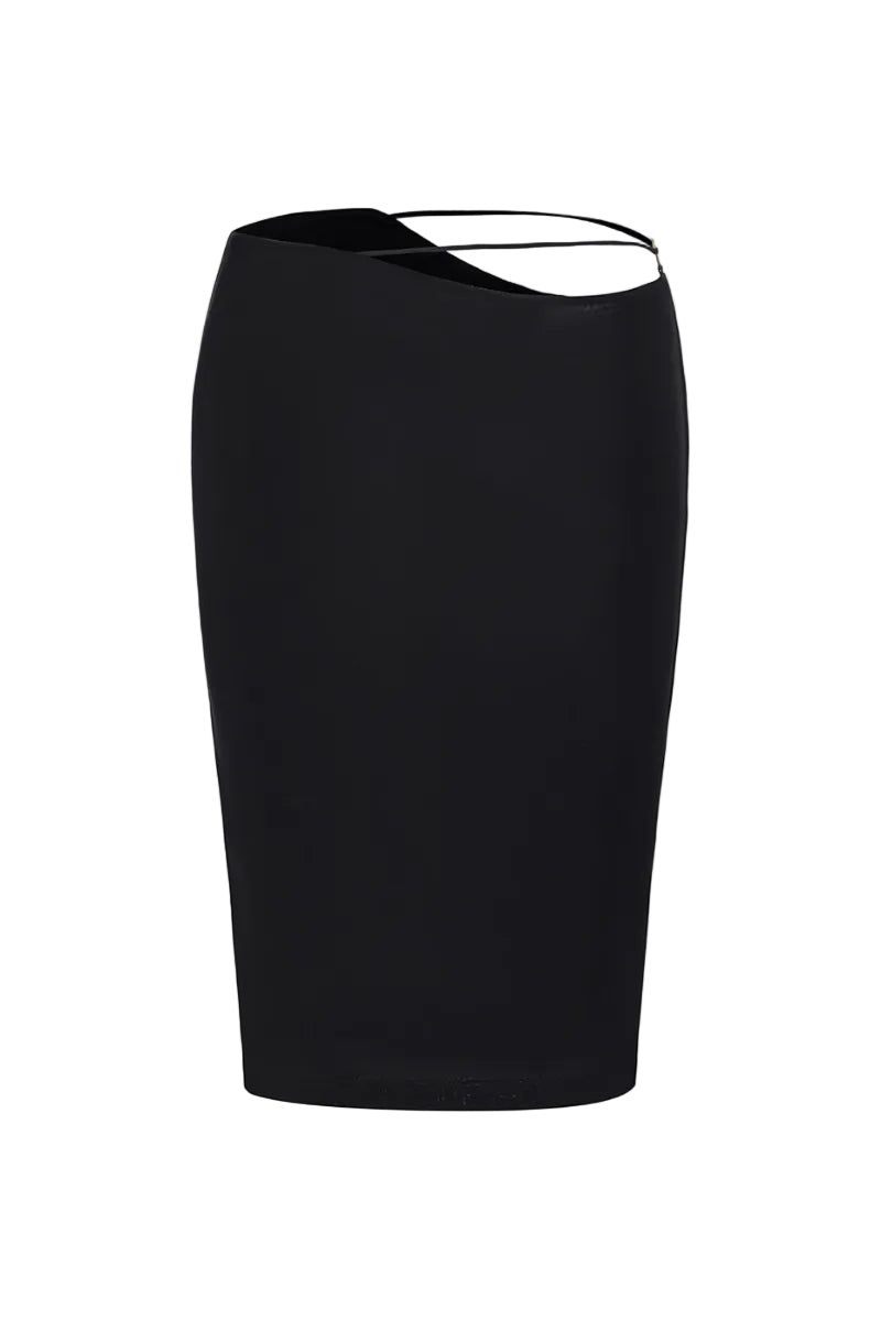 Black Alma asymmetric midi skirt by Nana Jacqueline, front view showing stylish, flowy design and elegant length.