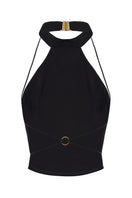 Black Nana Jacqueline Alma halter top displayed from the back, showing the stylish neckline and fit.