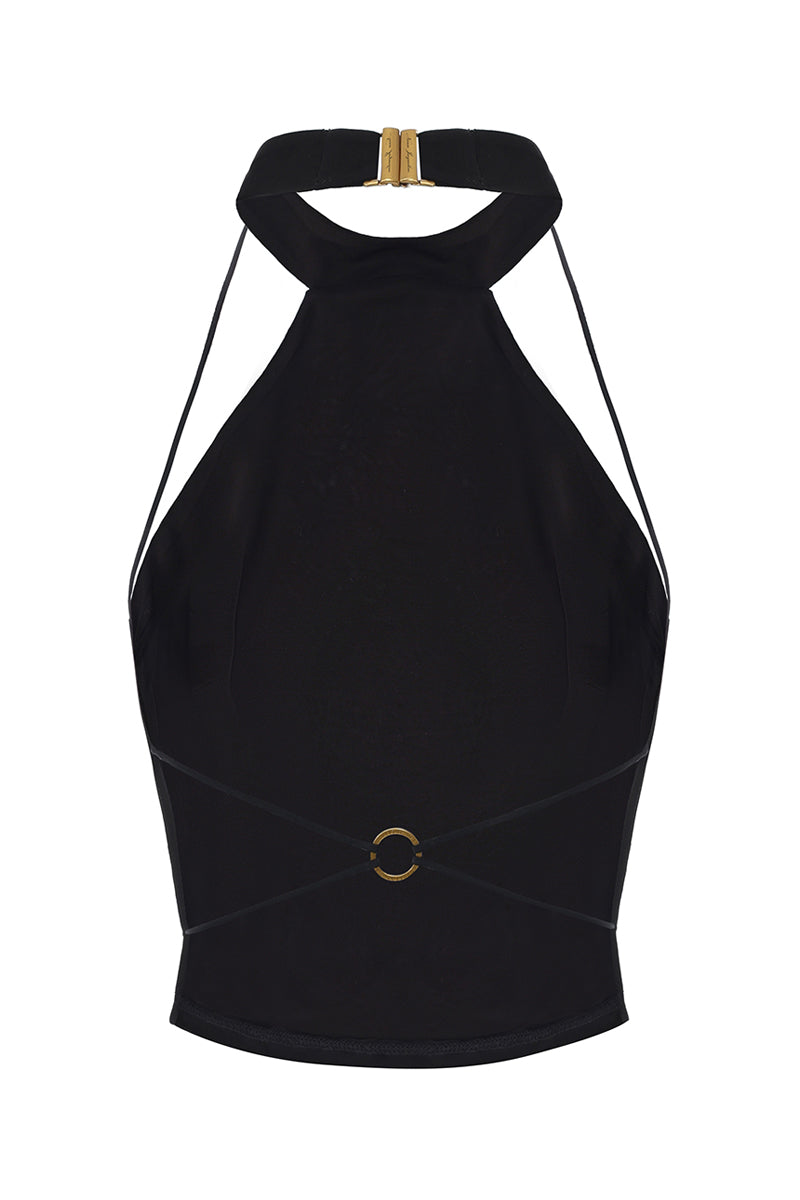 Black Nana Jacqueline Alma halter top displayed from the back, showing the stylish neckline and fit.