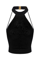 Black Nana Jacqueline Alma halter top shown from the front, featuring a sleek design perfect for stylish casual wear.