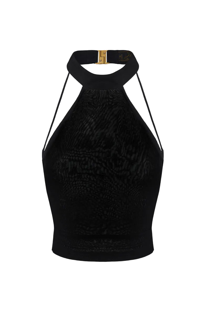 Black Nana Jacqueline Alma halter top shown from the front, featuring a sleek design perfect for stylish casual wear.