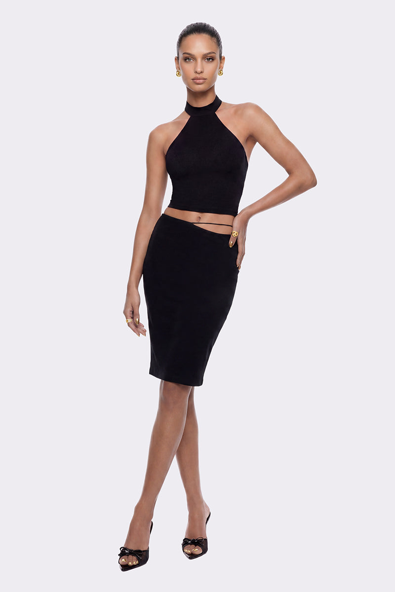 Black Alma halter top by Nana Jacqueline featuring a stylish, sleeveless design with a high neckline.