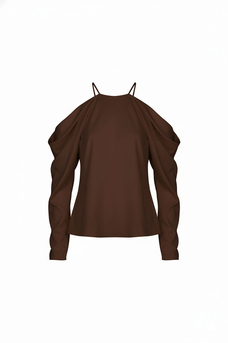 Brown Altagracia top by Maylé Vásquez, featuring a stylish, fitted design with a round neckline and short sleeves.