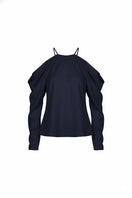Midnight blue Altagracia Top by Maylé Vásquez featuring a stylish, fitted design with long sleeves and a round neckline.
