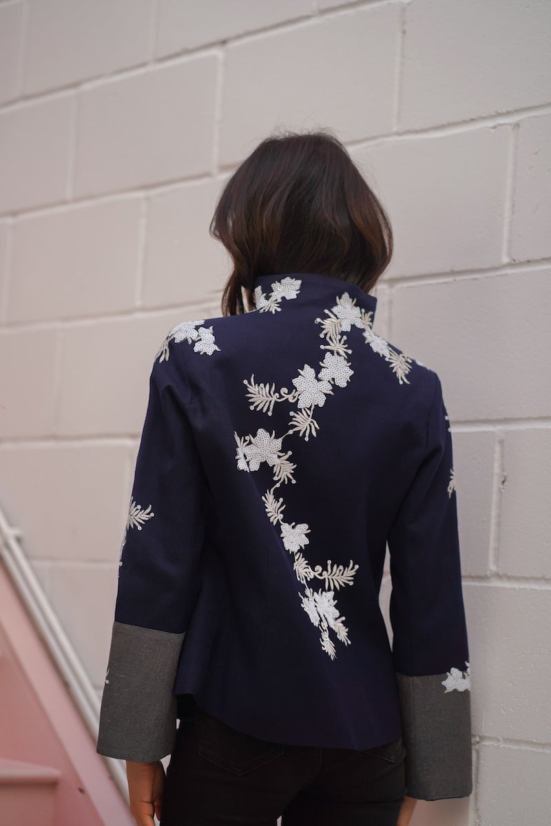Nadya Shah Alto Mare jacket in navy with zippered front and stand collar, casual outerwear for women.
