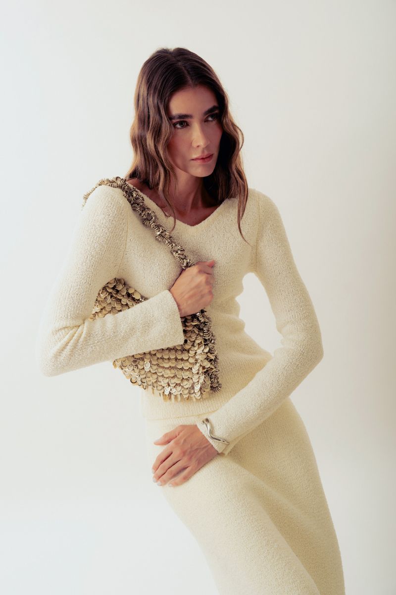 Beige Alya sequin shoulder bag by Millanne Tale with off-white finish and stylish design, featuring a sleek, elegant look.