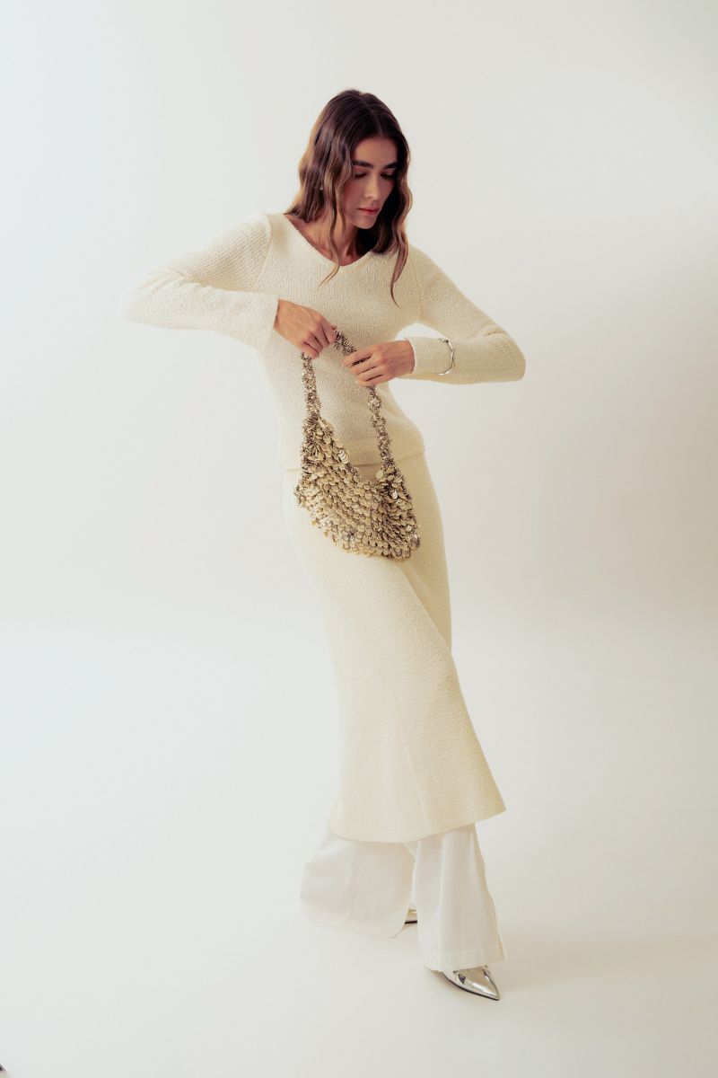 Beige Alya off-white shoulder bag with sequin detailing by Millanne Tale, stylishly displayed against a neutral background.