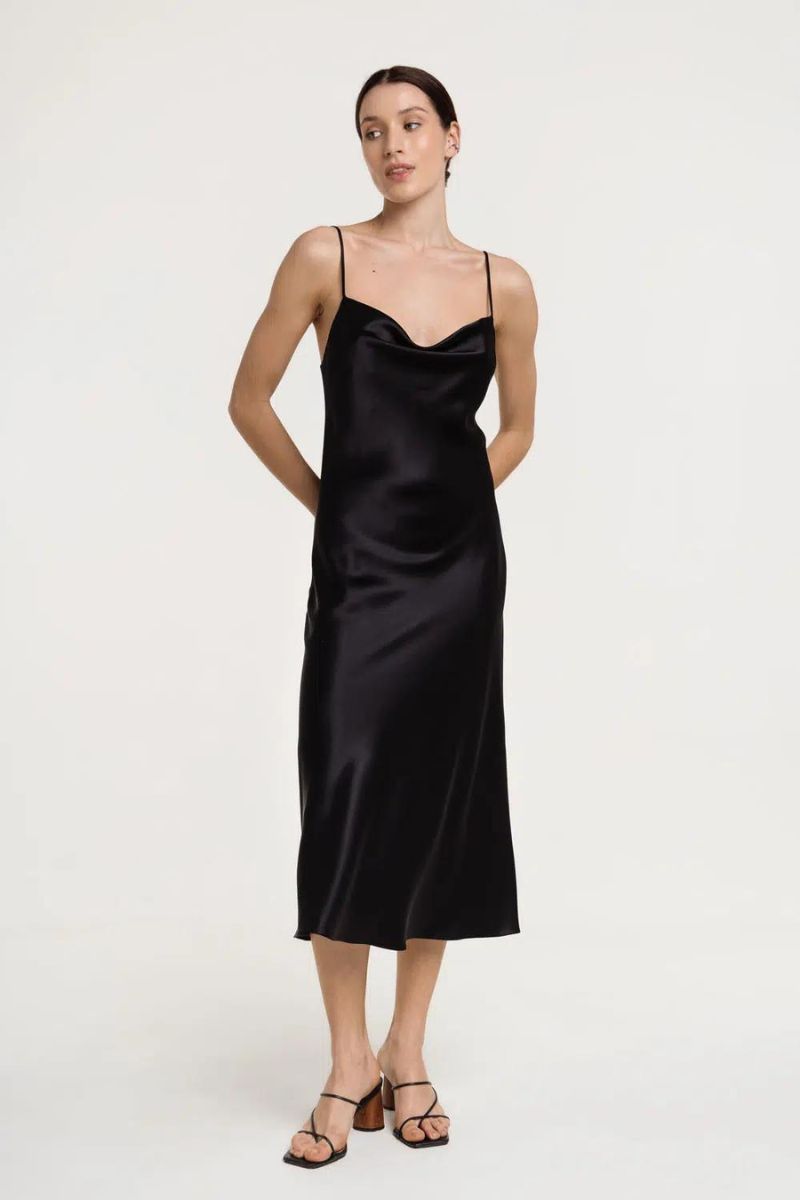 ALYSHA BLACK COWL NECK SILK SATIN MIDI DRESS - CULT MIA