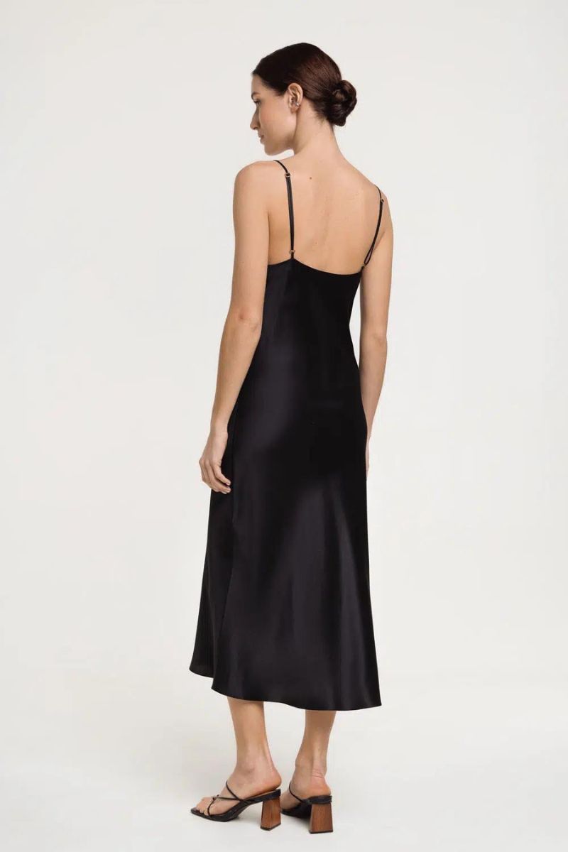 ALYSHA BLACK COWL NECK SILK SATIN MIDI DRESS - CULT MIA