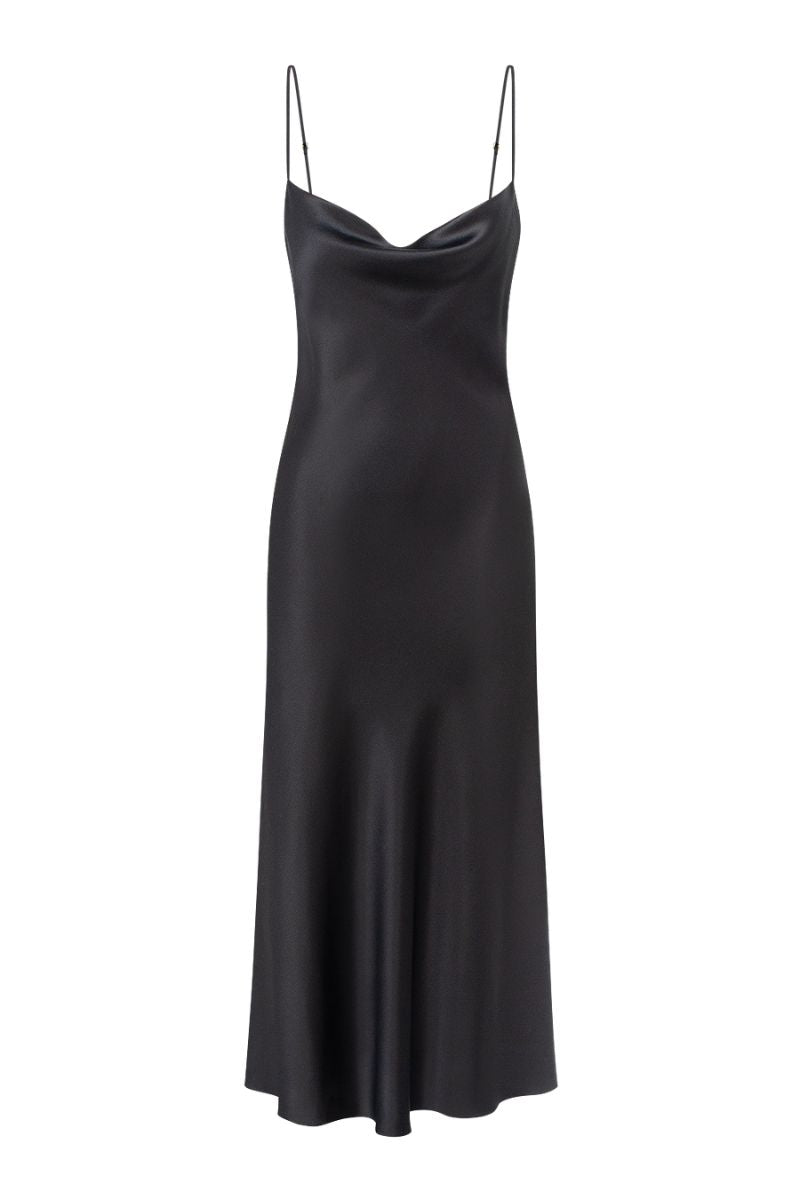 ALYSHA BLACK COWL NECK SILK SATIN MIDI DRESS - CULT MIA