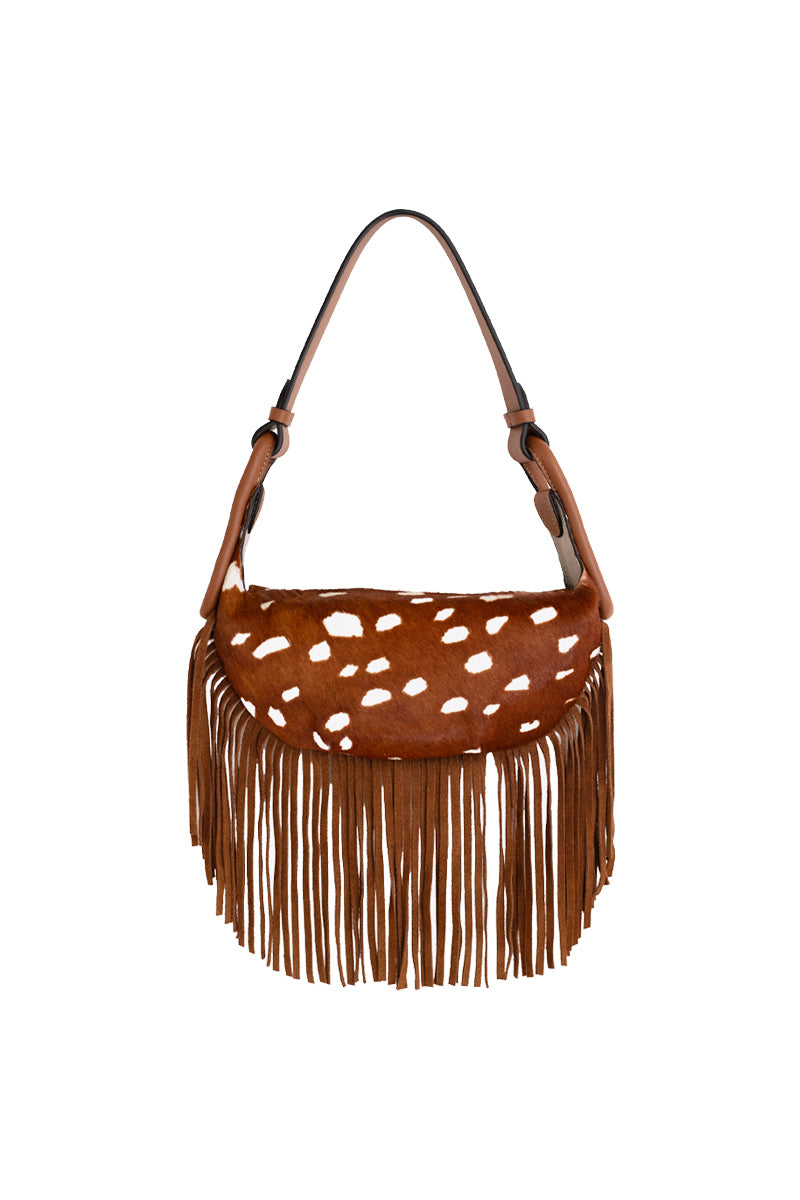 ISIDORA MALVA Almalfi fringes shoulder bag in Bambi with decorative fringe details and elegant design.
