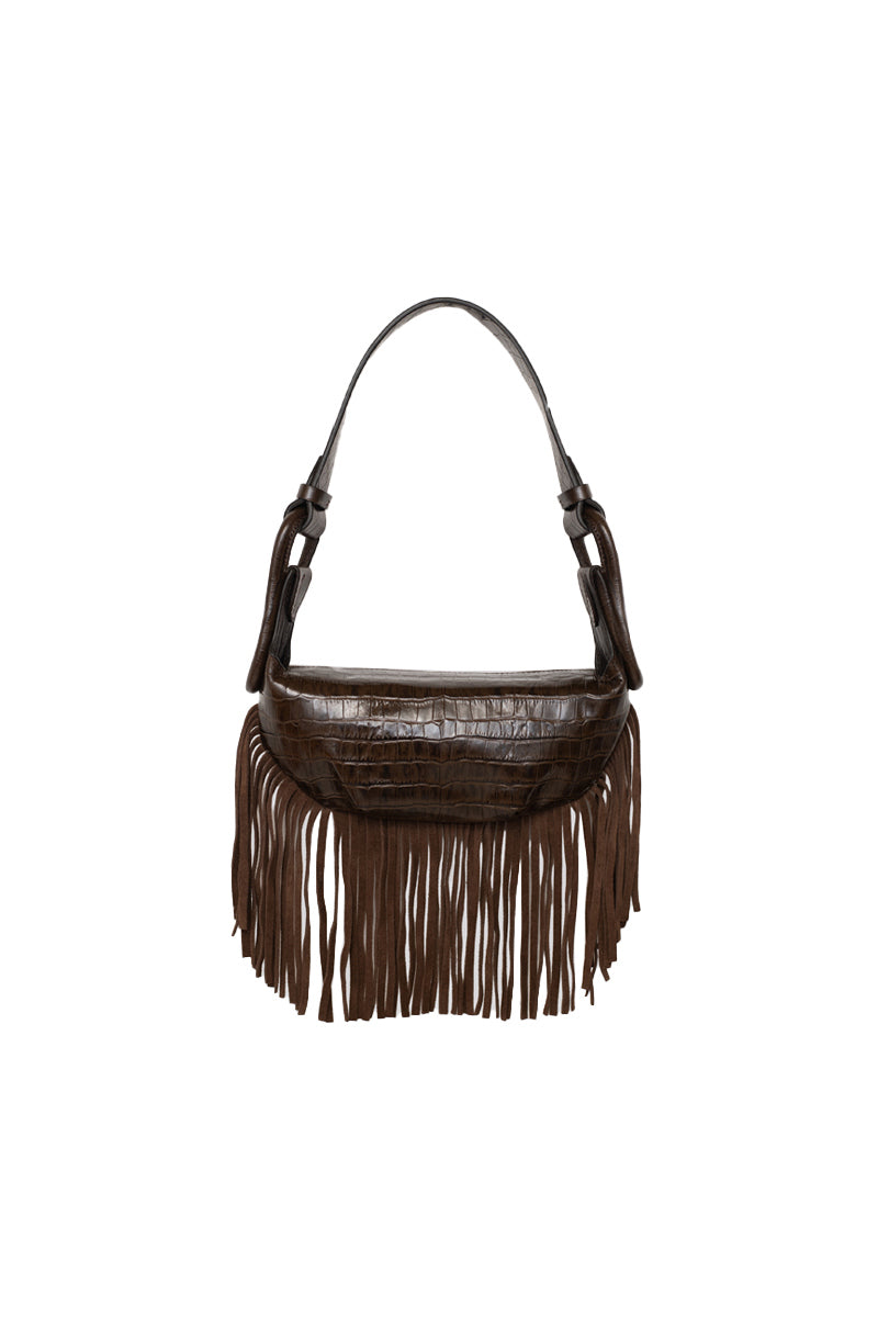 ISIDORA MALVA Amalfi mini shoulder bag with croco-textured fringes, stylish and compact accessory for everyday use.