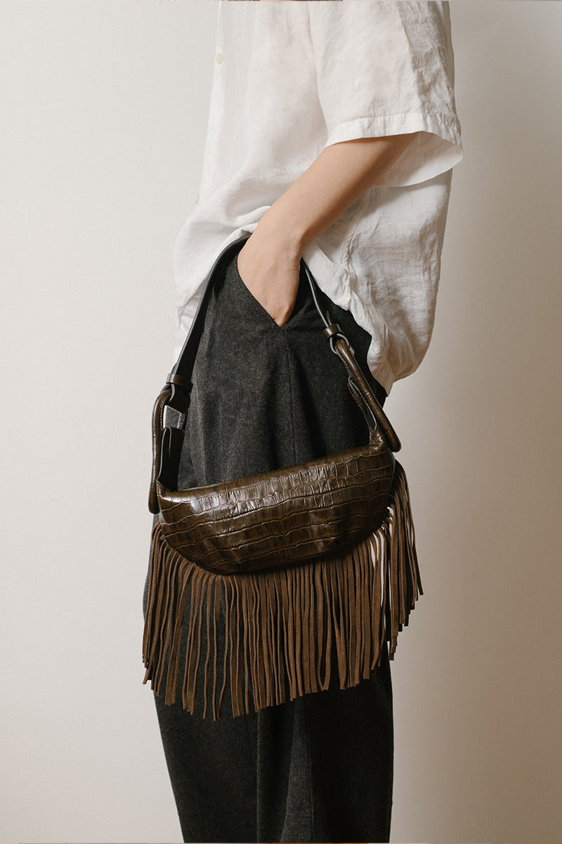 ISIDORA MALVA Amalfi mini shoulder bag with croco-textured leather and fringe details, stylish and compact accessory.