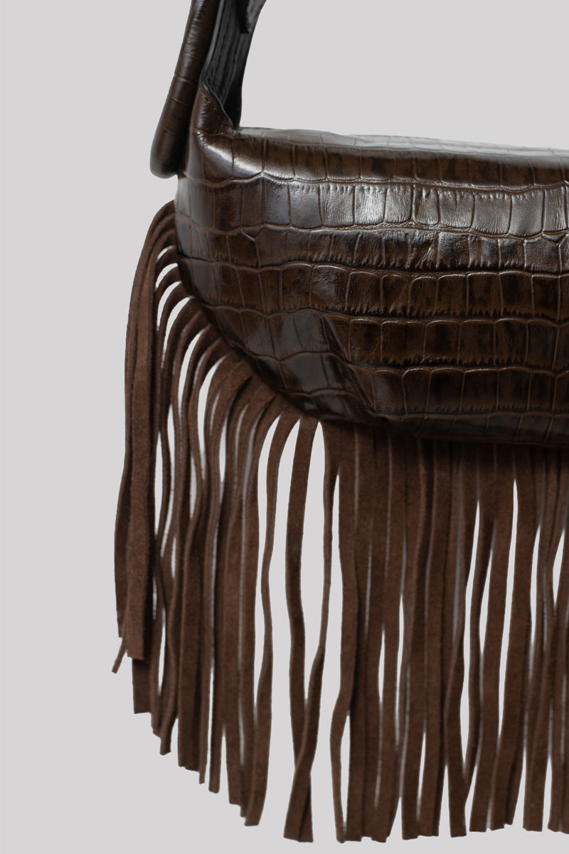 ISIDORA MALVA Amalfi mini fringes shoulder bag in crocodile texture with fringe details, stylish and compact accessory.