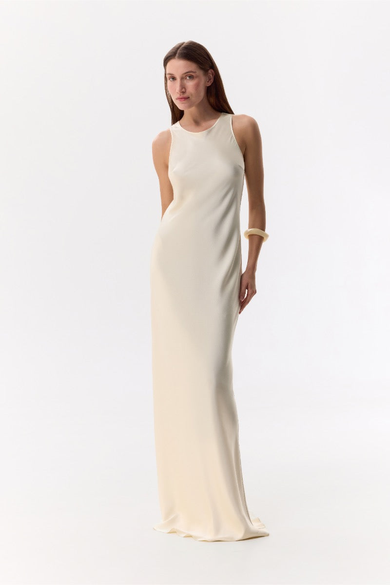 AMANDA BUTTER-CREAM HIGH-NECK SILK-SATIN MAXI DRESS