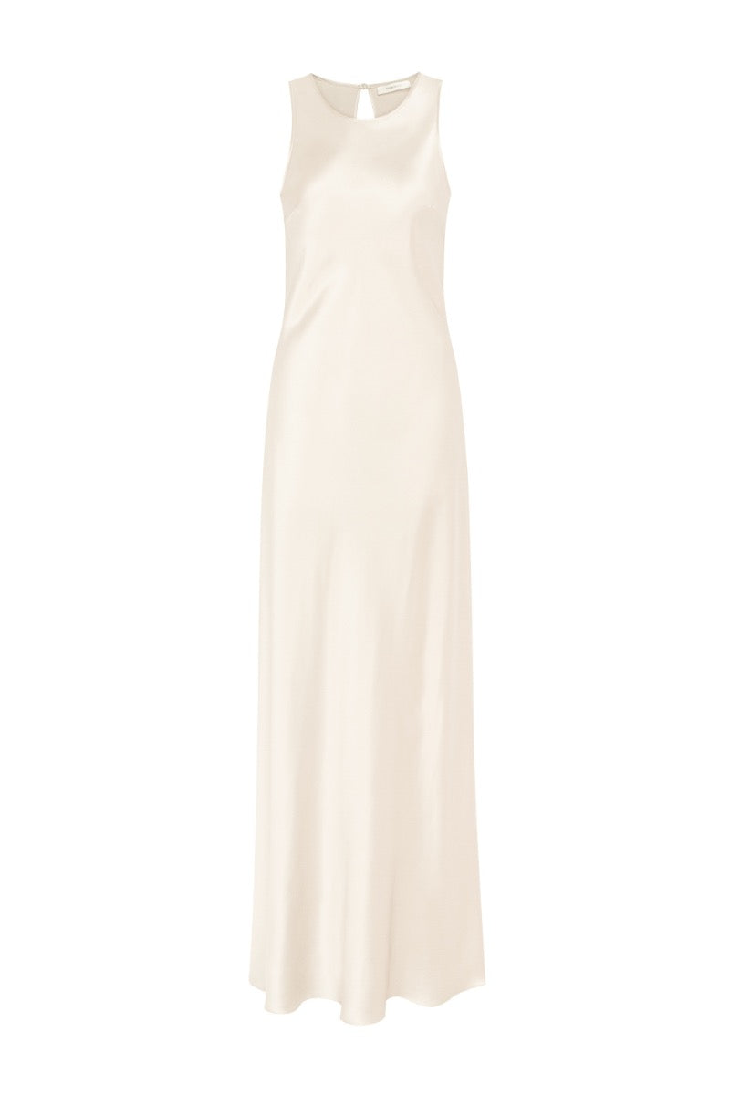 AMANDA BUTTER-CREAM HIGH-NECK SILK-SATIN MAXI DRESS