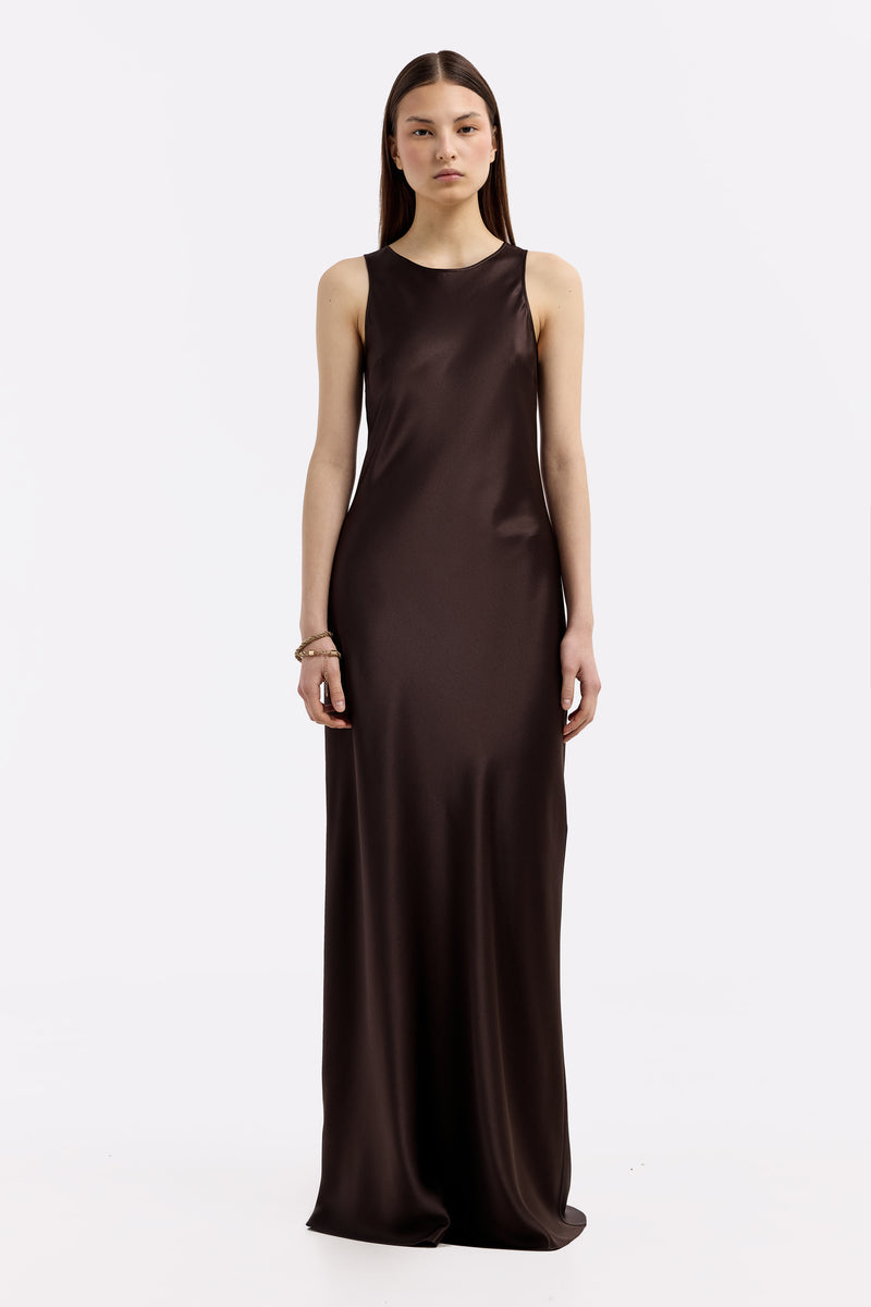 AMANDA ESPRESSO HIGH-NECK SILK-SATIN MAXI DRESS - CULT MIA