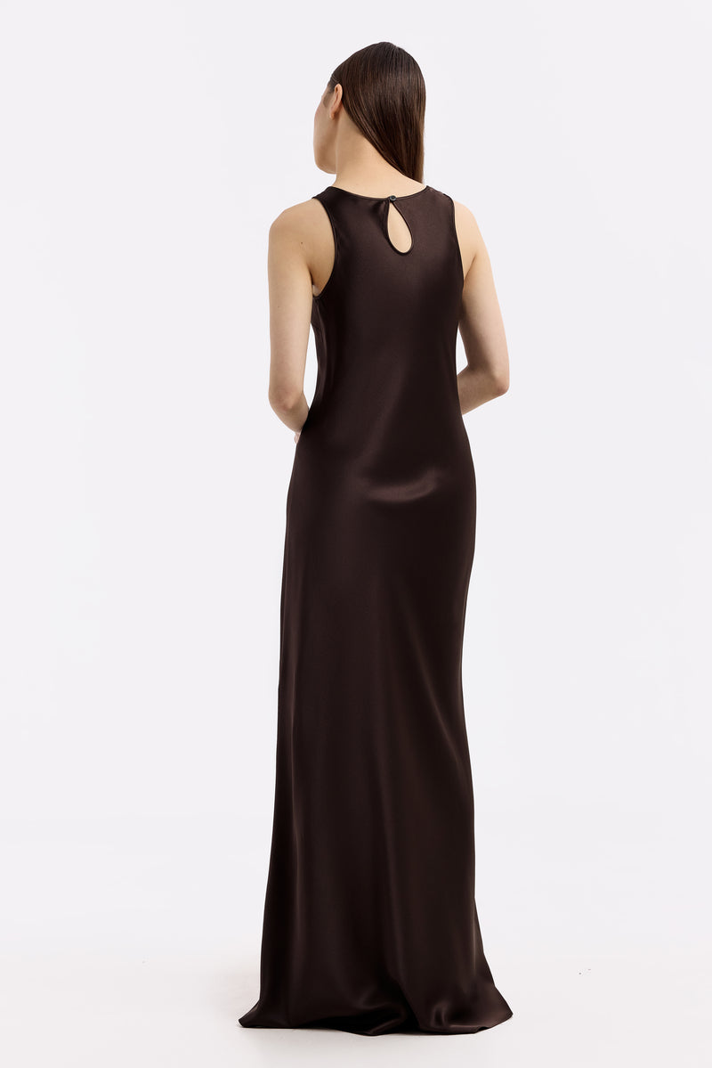 AMANDA ESPRESSO HIGH-NECK SILK-SATIN MAXI DRESS - CULT MIA