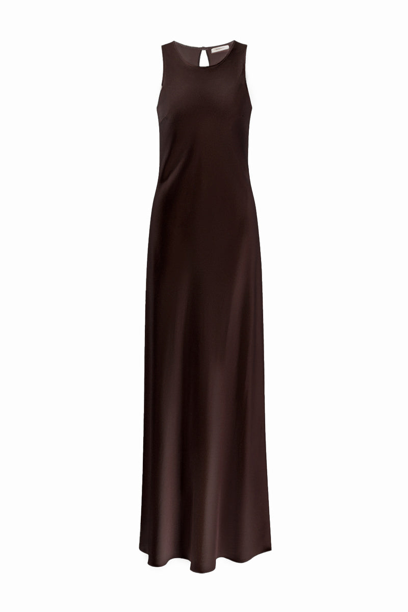 AMANDA ESPRESSO HIGH-NECK SILK-SATIN MAXI DRESS - CULT MIA
