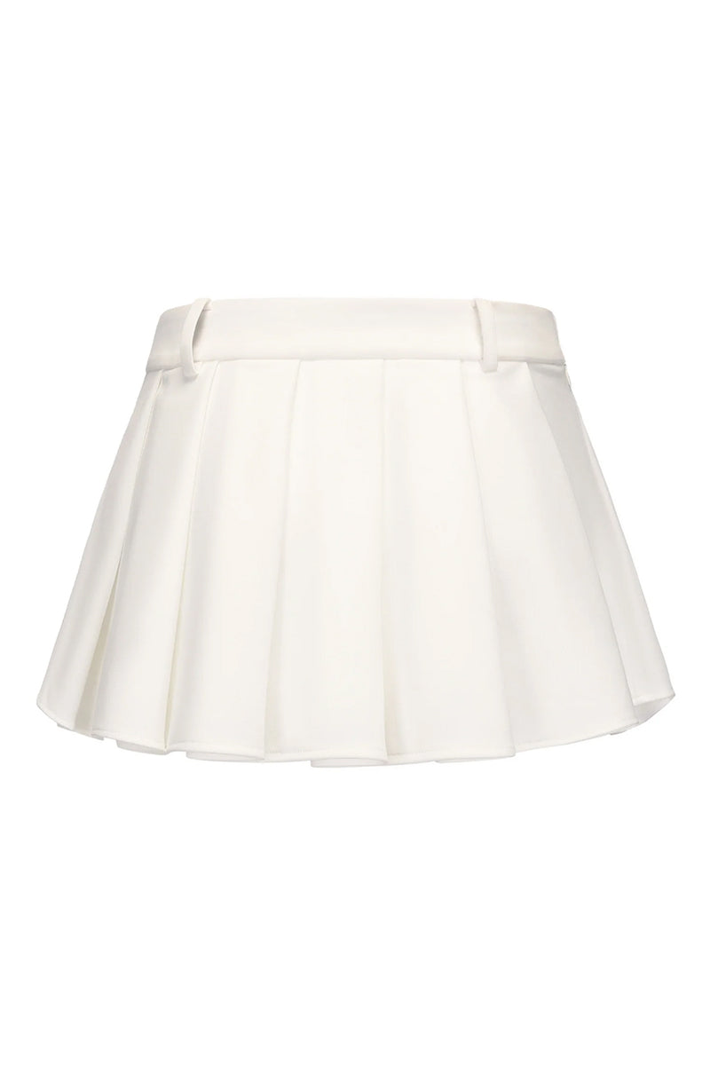 White mini skirt from Nana Jacqueline's Amber Skirt collection, shown from the back with a fitted design and stylish details.