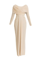 Deme By Gabriella Amelia beige maxi dress with flowing fabric and sleeveless design, perfect for summer or formal occasions.