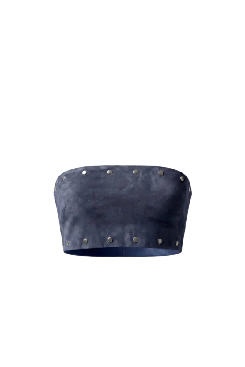 Double A Amelia suede top in blue, stylish women's blouse with soft suede fabric and classic design.