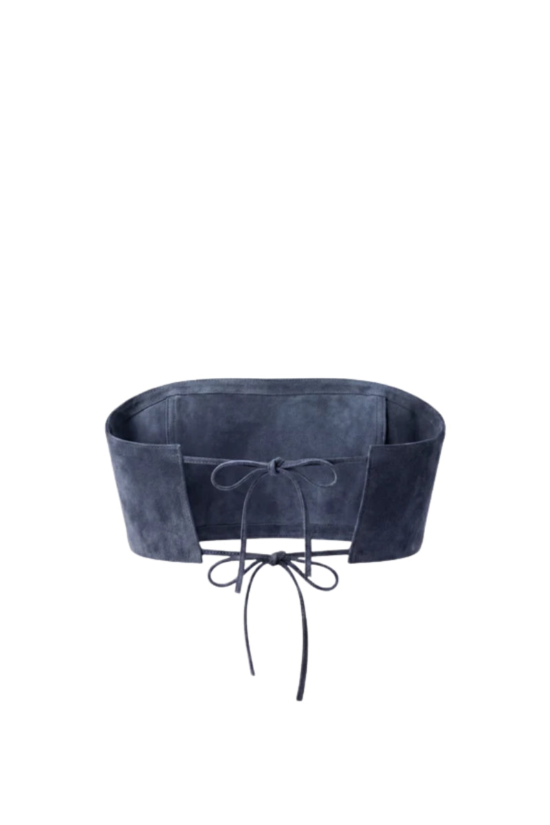 Blue Amelia suede top by Double A, featuring soft suede fabric and a stylish, fitted design for casual and chic looks.