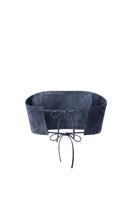 Double A Amelia suede top in blue, showing a stylish women's fashion top with soft suede fabric and a fitted design.