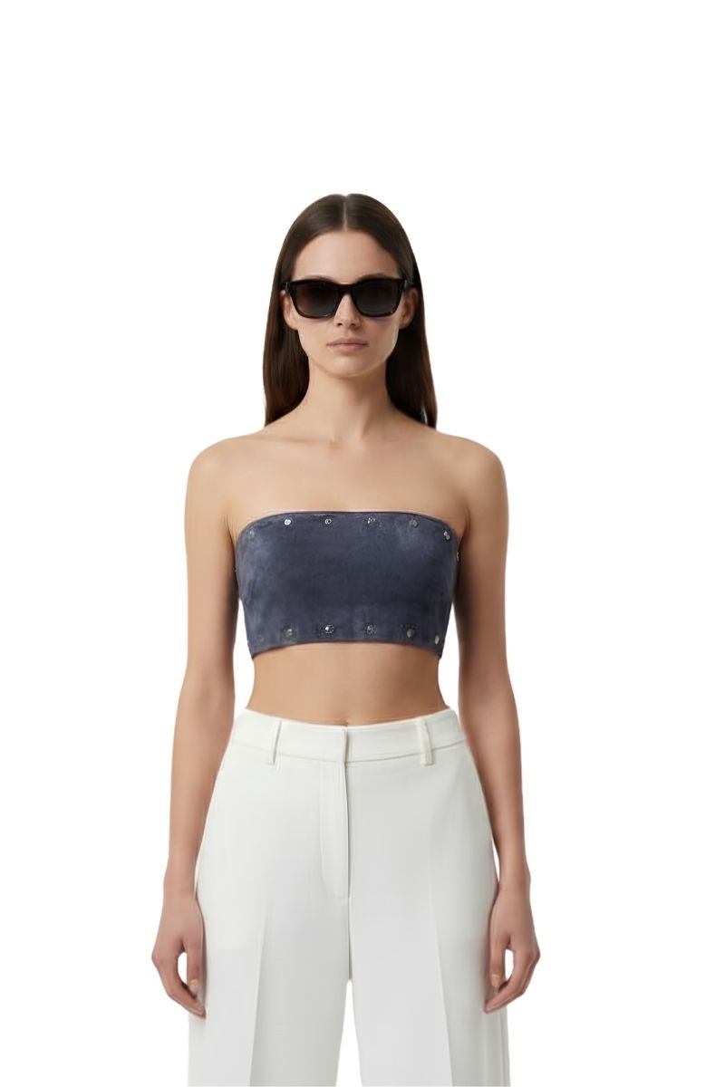 Blue Amelia suede top by Double A, featuring soft suede fabric and a stylish, fitted design perfect for casual or chic outfits.