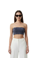 Blue Amelia suede top by Double A, featuring a stylish fit and soft suede fabric, displayed on a hanger.
