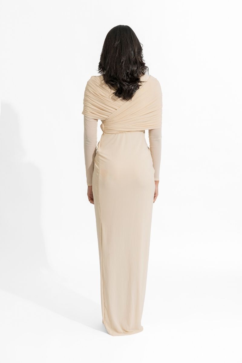 Deme By Gabriella beige Amelia maxi dress with flowing fabric and elegant design, perfect for summer or special occasions.
