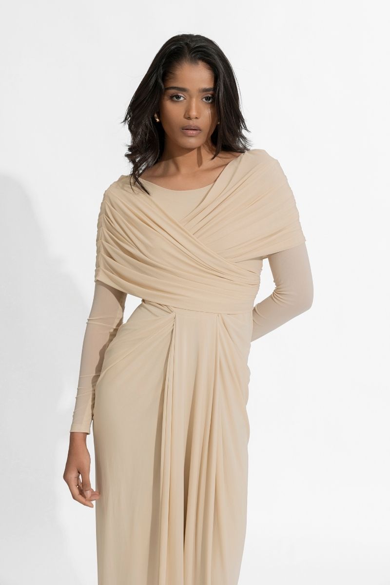 womens beige maxi dress Beige Long Sleeve Maxi Dress w/ High Slit