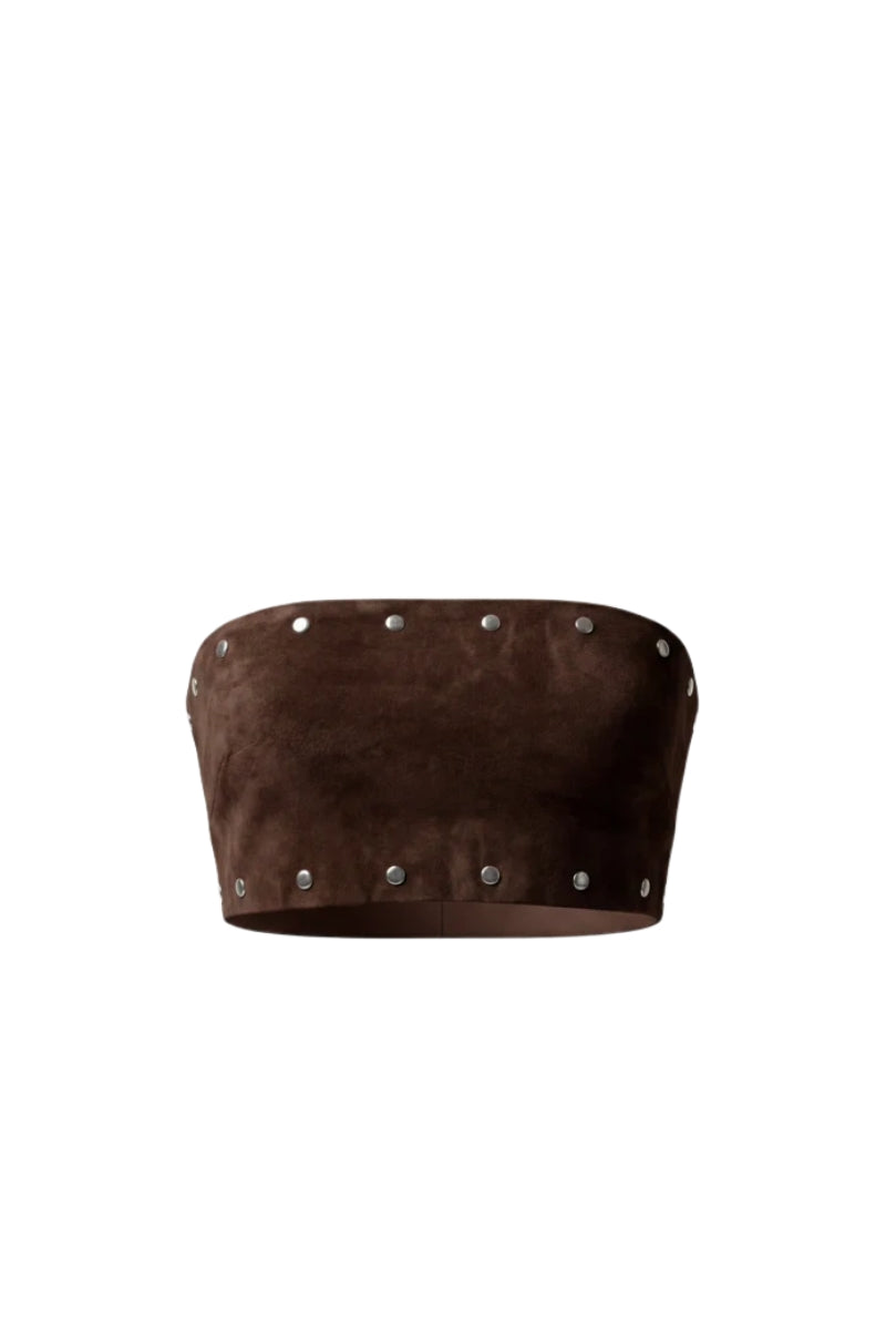 Double A Amelia suede top in brown, stylish women's blouse with soft suede fabric and long sleeves.