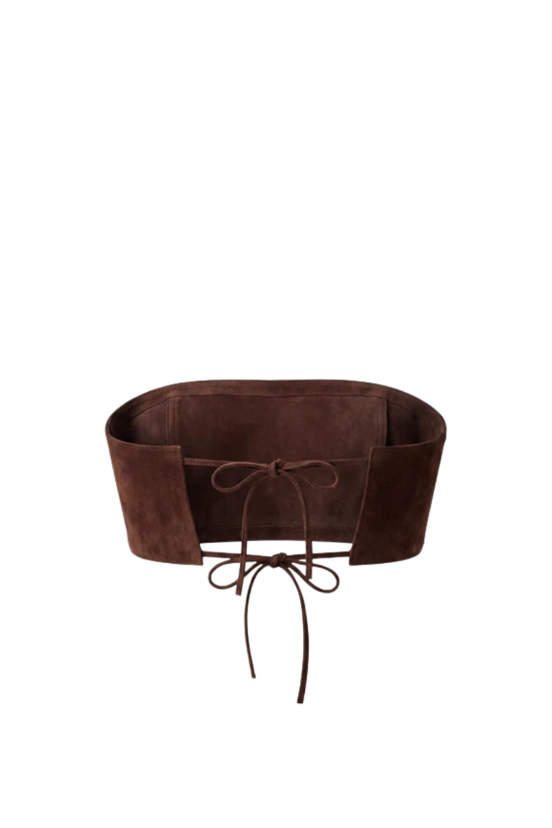 Brown Amelia suede top by Double A, featuring a stylish design and soft suede fabric, perfect for casual or chic outfits.