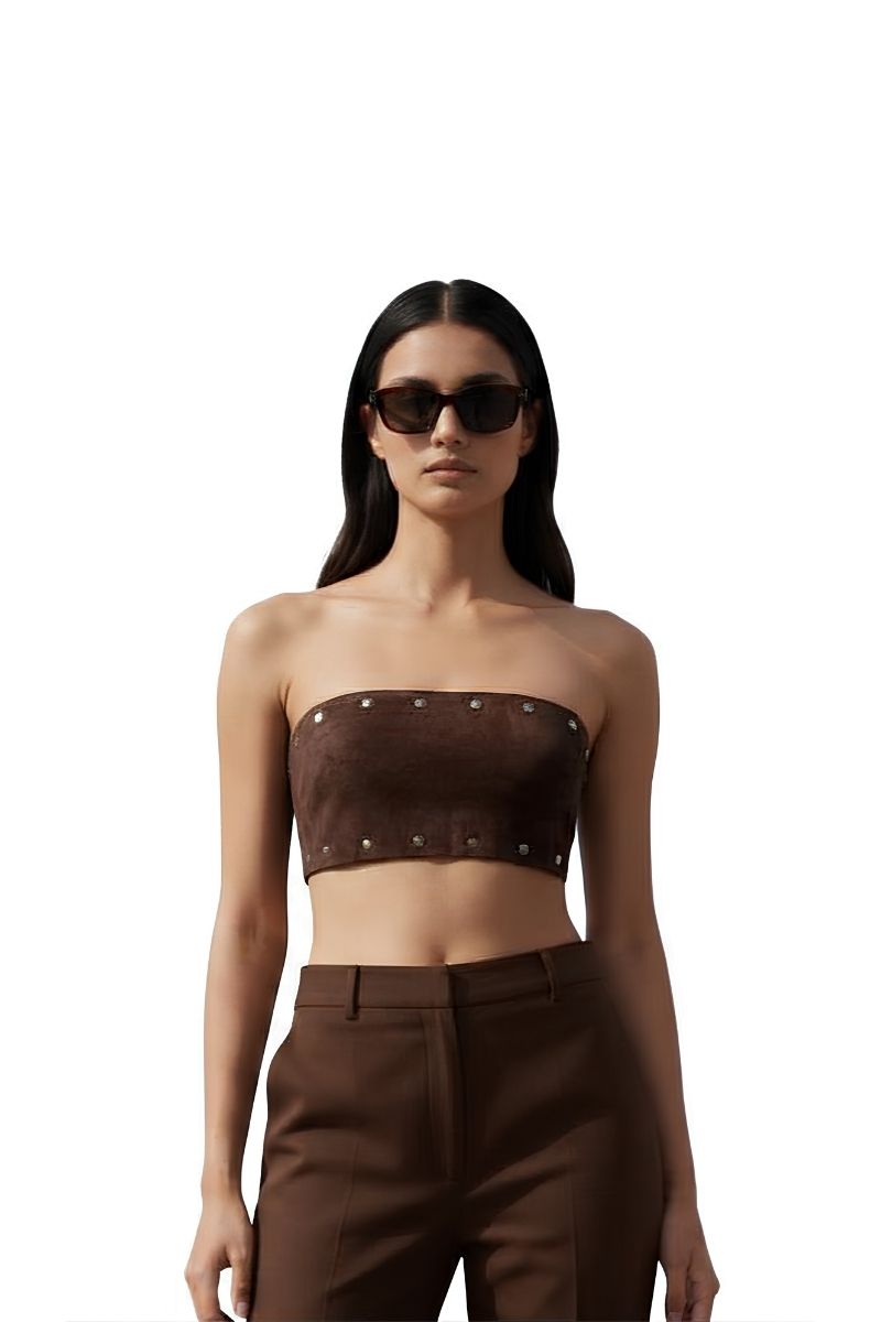 Brown Amelia suede top by Double A displayed on a hanger with a smooth texture and stylish design.
