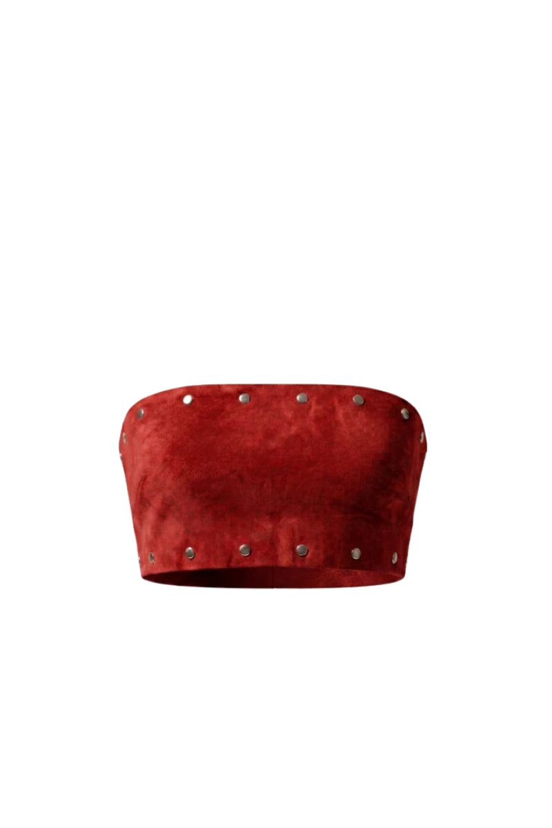 Red Amelia suede top by Double A, featuring a stylish, fitted design with a high neckline and long sleeves.