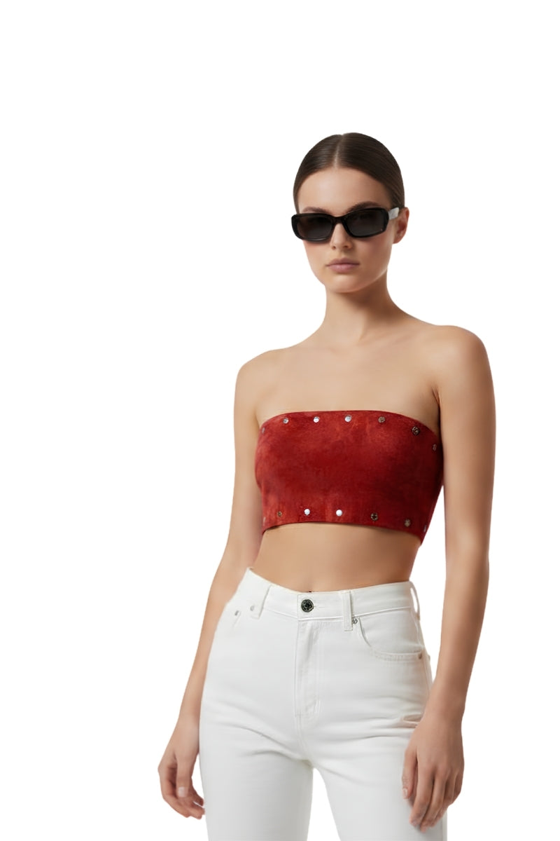 Red Amelia suede top by Double A, shown in a close-up image highlighting the soft suede fabric and stylish design.