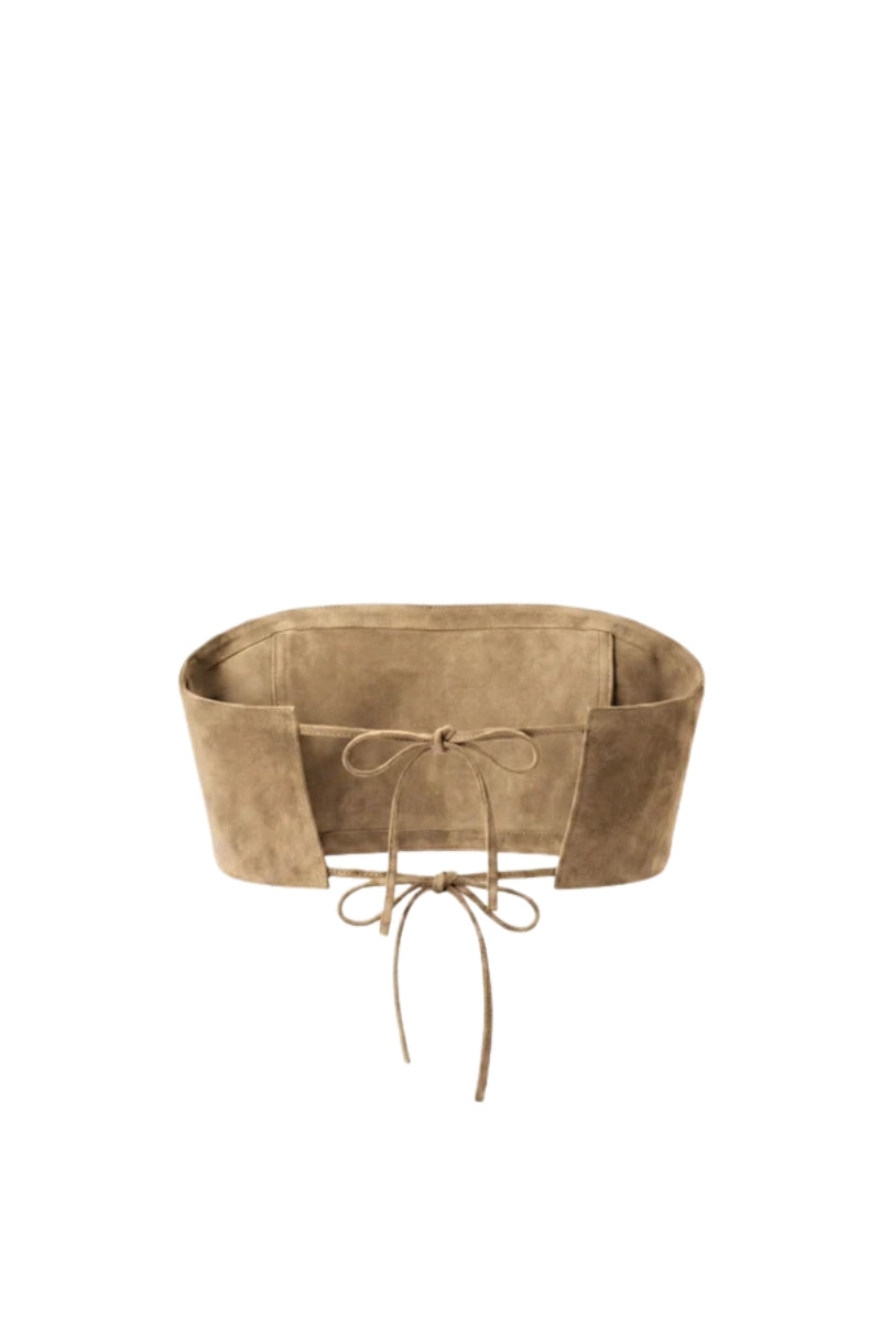 Tan Amelia suede top by Double A, featuring a stylish, soft suede fabric with a relaxed fit and elegant design.