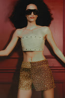 Double A Amelia suede top in tan color, showing close-up of soft suede fabric and stylish neckline.