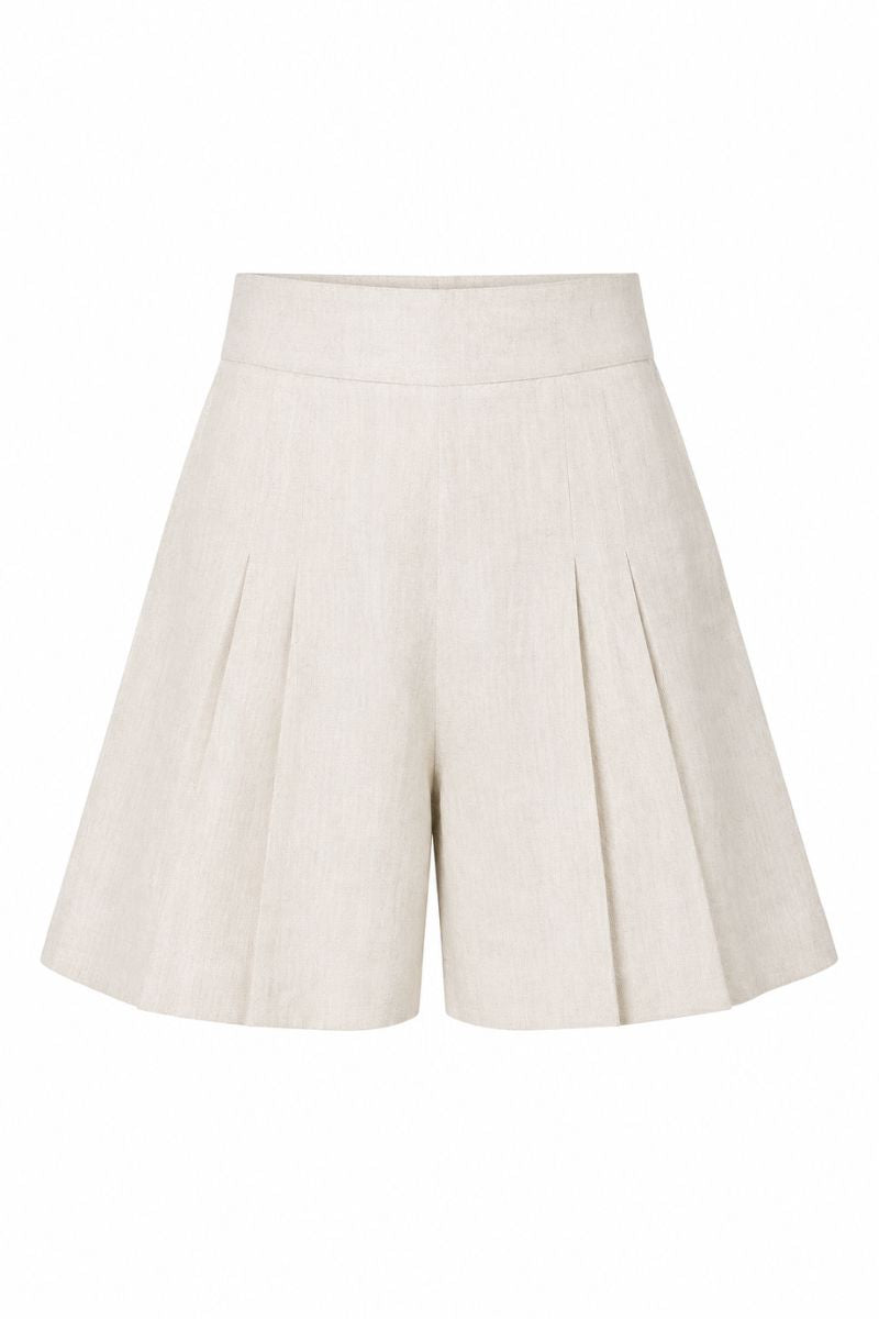Beige Amelie shorts by Ana + Maria displayed on a mannequin, featuring a relaxed fit and casual style.