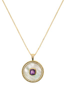 Freya Rose February amethyst and mother-of-pearl vermeil gold necklace featuring a vibrant amethyst pendant and elegant design.