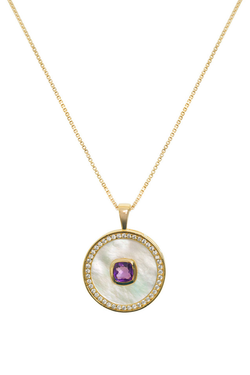 Freya Rose February amethyst and mother-of-pearl vermeil gold necklace featuring a vibrant amethyst pendant and elegant design.