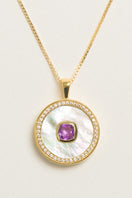 February birthstone amethyst necklace with mother-of-pearl accents, vermeil gold chain, by Freya Rose.