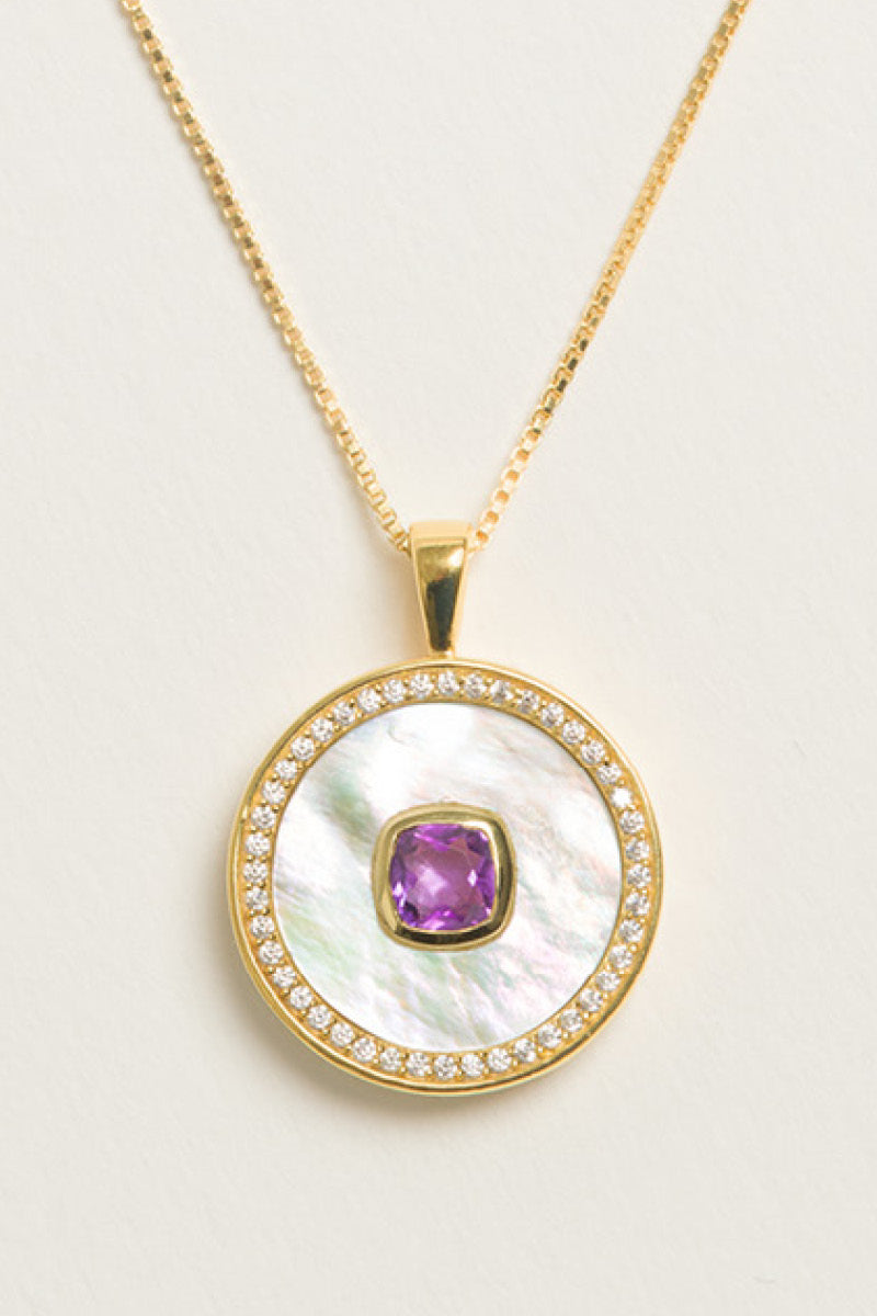 February birthstone amethyst necklace with mother-of-pearl accents, vermeil gold chain, by Freya Rose.