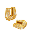 Gold Amina hex paved hoops earrings by Velvet Desert, featuring intricate geometric design and shiny finish.