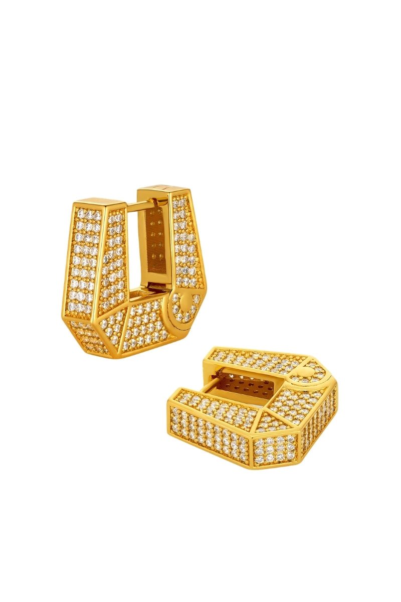 Gold Amina hex paved hoops earrings by Velvet Desert, featuring intricate geometric design and shiny finish.